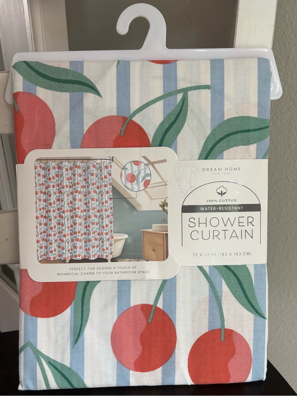 Dream Home Cherry Print Blue Stripe Shower Curtain Red/Green/Blue/White NWT
